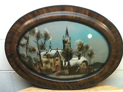 ANTIQUE BUBBLE GLASS REVERSE PAINTING   SNOWY CHURCH SCENE