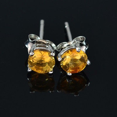   925 Silver White Gold Coated Natural Yellow Citrine Stud Earring