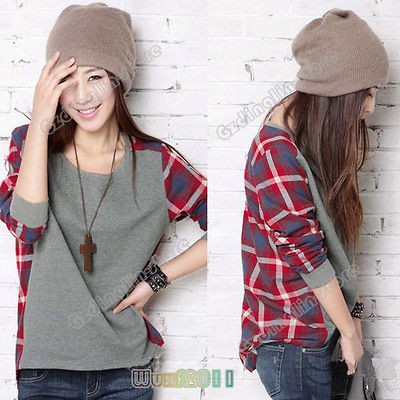 Womens Long Sleeve Plaids Checks Print Crew Neck Loose Lady Top T 