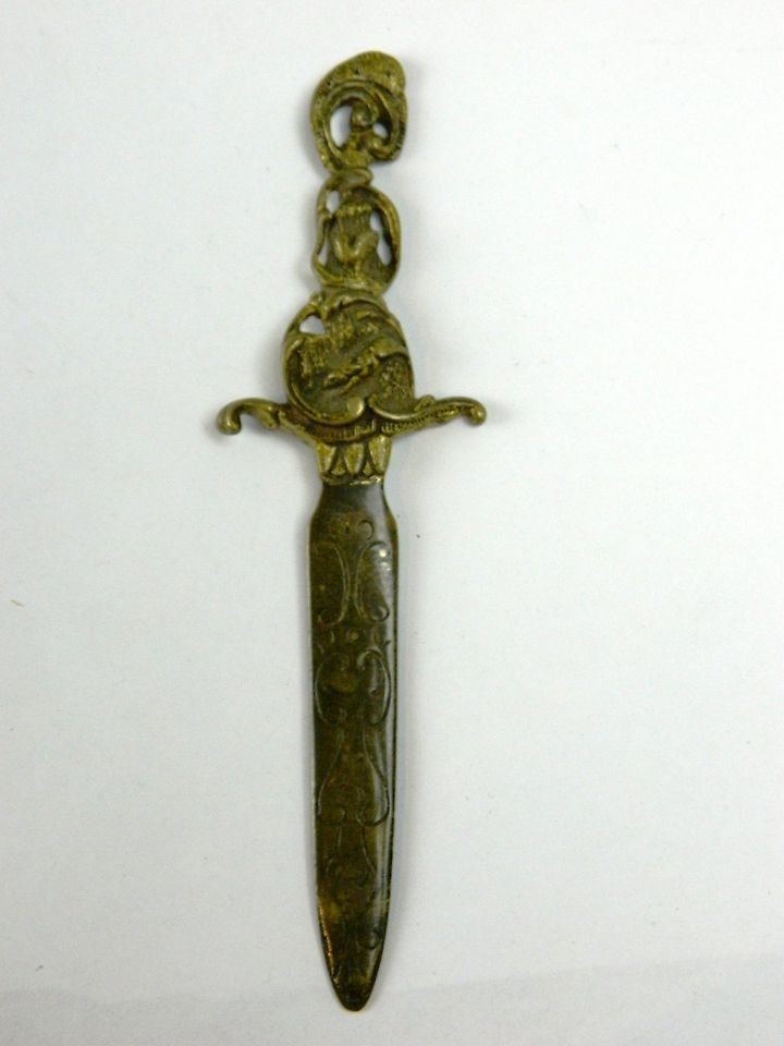 ANTIQUE VINTAGE ORNATE ENGRAVED BRASS LETTER OPENER KNIFE ASIAN? SOUTH 