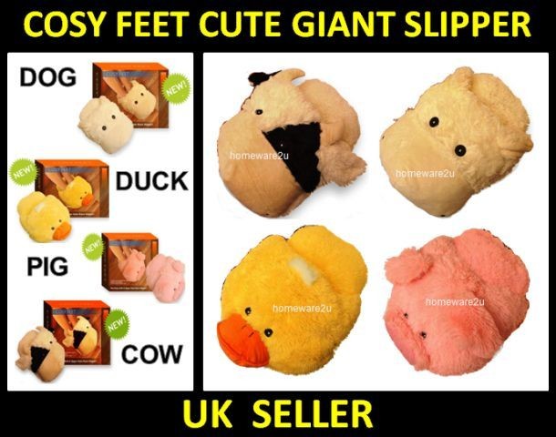 COSY CUTE SOFT GIANT FEET FOOT WARMER SLIPPER ANIMAL NOVELTY DUCK DOG 