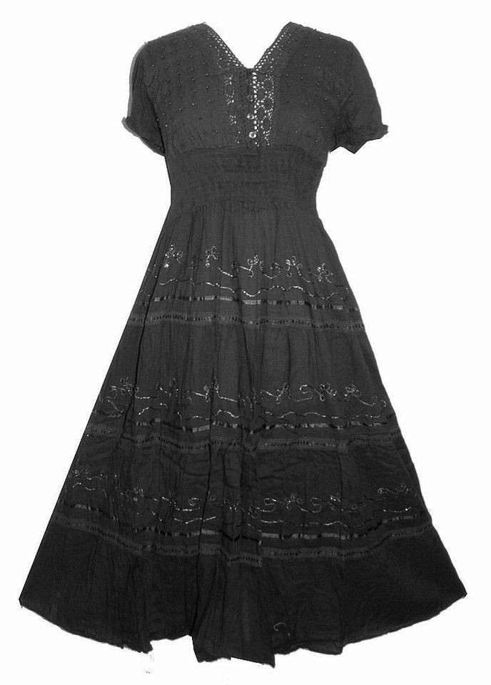 107 Black NEW COTTON PARTY ELEGANT PEASANT VINTAGE SUMMER DRESS