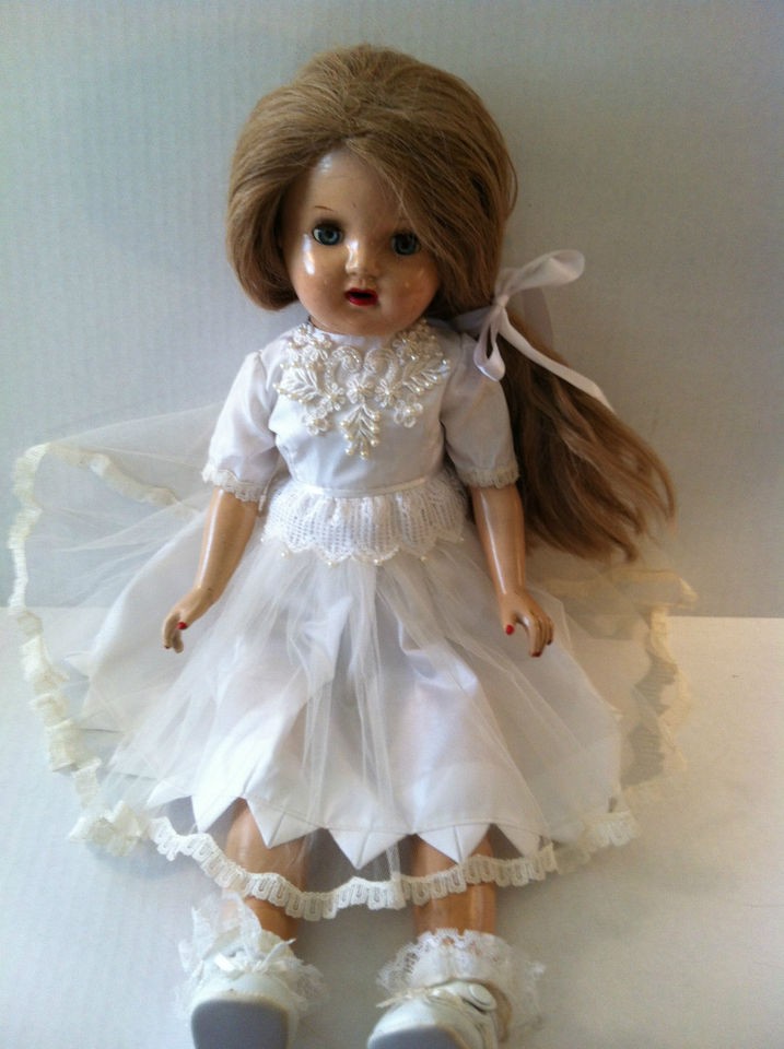 ANTIQUE COMPOSITION CRYER DOLL Long Hair SLEEPY EYES 21 Vintage 1950 