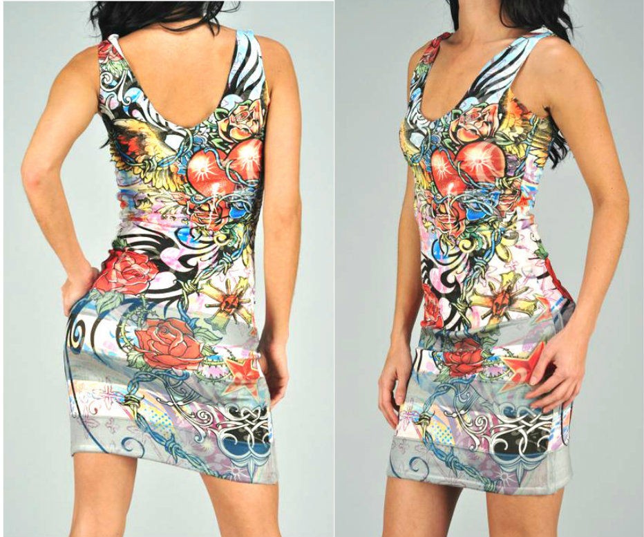 TRIBAL HEART WINGS ROSES TATTOO BODYCON TANK MINI DRESS & ED HARDY 