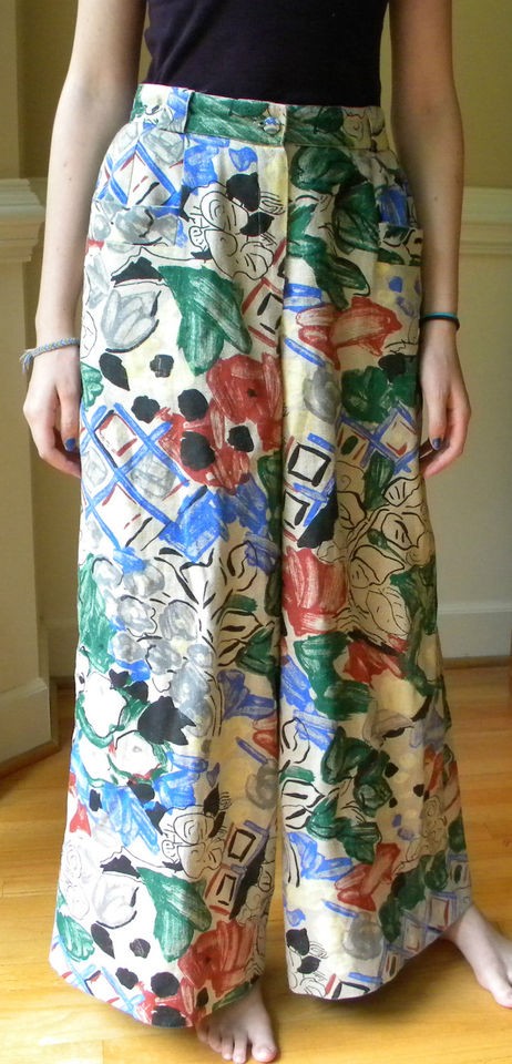 VINT EMMANUELLE KHANH High Waist Linen Floral Modern Print Wide Leg 