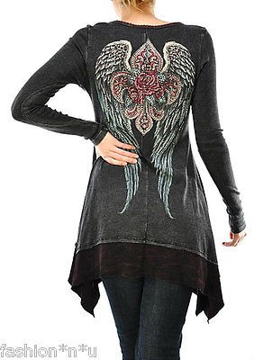 CRYSTAL FLEUR ROSE ANGEL WINGS TATTOO T SHIRT TUNIC DRESS S & ED HARDY 