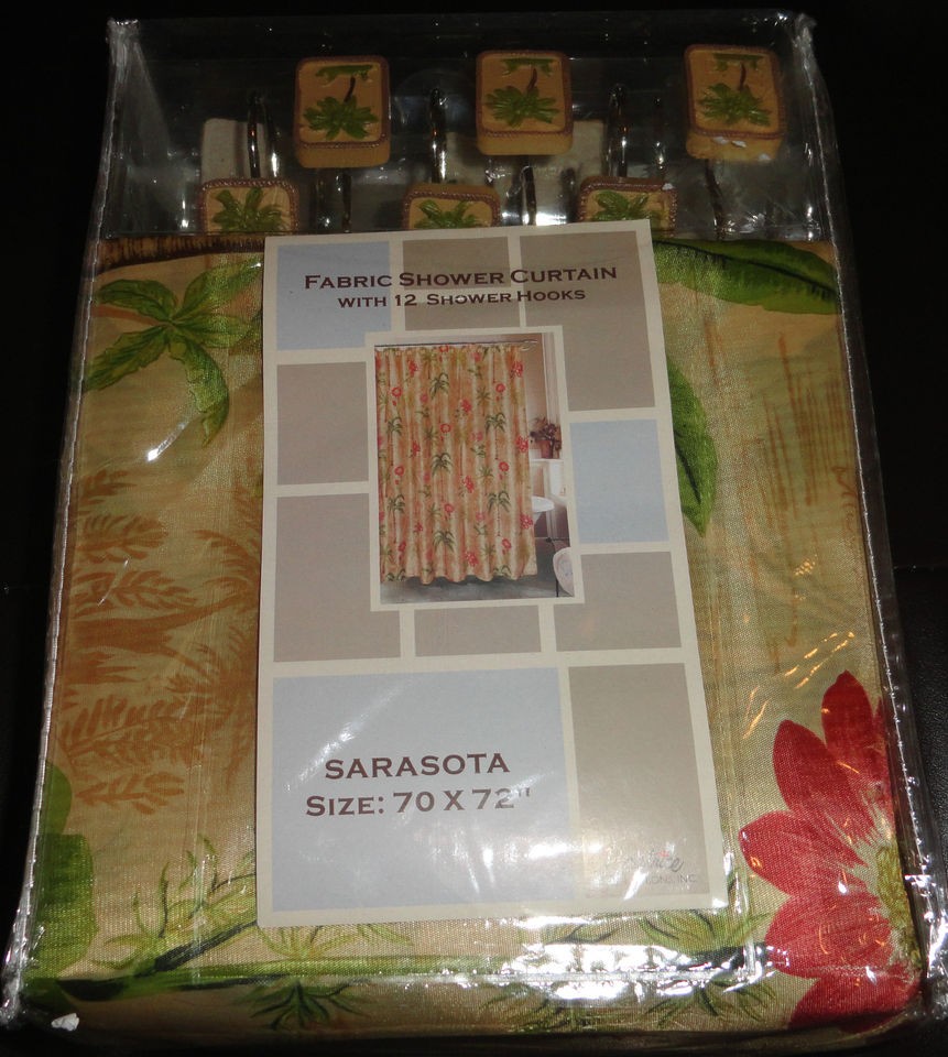   HOME FASHIONS SARASOTA PALM TREES FABRIC SHOWER CURTAIN & HOOKS NEW