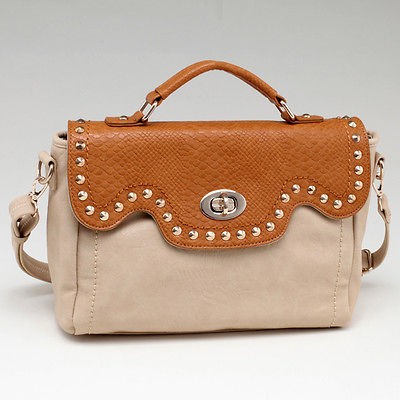 Womens Fashion Studded Briefcase w/ Snakeskin Trim & Twist Lock 