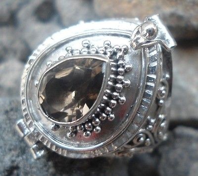   SILVER BALINESE BOX LOCKET RING W TEARDROP SMOKEY QUARTZ SZ 6,7,8,9