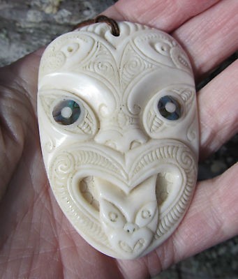   ENGRAVED ONE OF KIND DEER BONE MAORI WHEKU MASK BY NORMAN CLARK