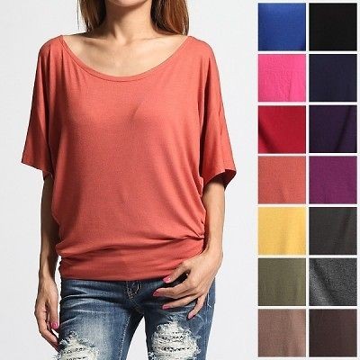 MOGAN Soild Colored Jersey BOAT NECK DOLMAN TOP Drape Short Sleeve Tee 