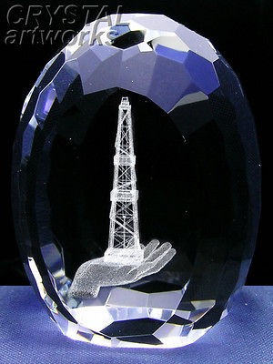 OIL DERRICK on HAND 3D Laser Etched Crystal Egg L1005e