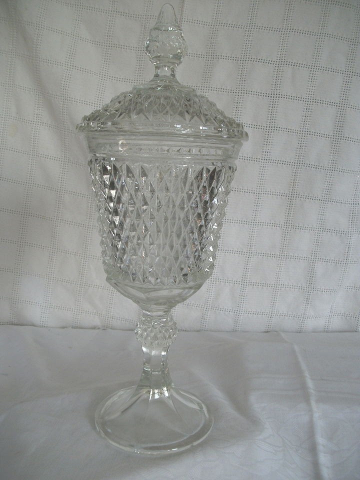 Indiana glass diamond point urn w/lid clear