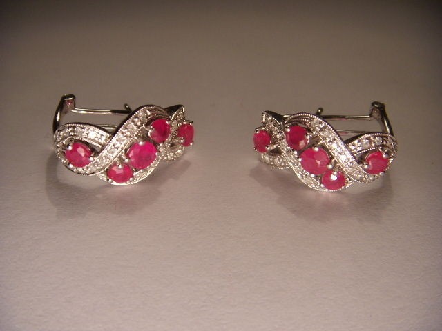   Estate 14K White Gold Diamond Burmese Rubies Ruby Huggie Earrings