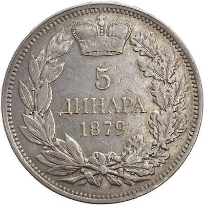 Serbia Silver 5 Dinara 1879 RARE Very Nice