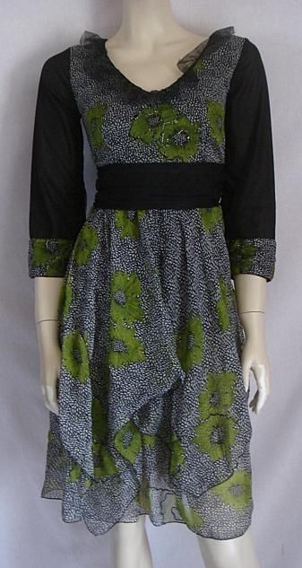 COAST CHIFFON BLACK/GREEN 3/4 SLEEVE DRESS new TIERED