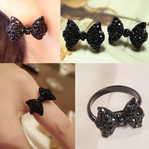   Crystal Bowknot Bow Tie Adjustable Ring Ear Cuff Stud Earrings