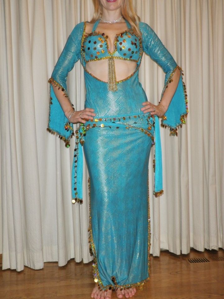   BELLY DANCE COSTUME MIDDLE EASTERN DANCE TEAL, GOLD, SAIIDI DRESS