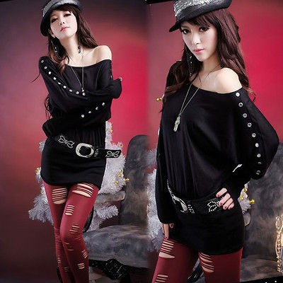 Sexy Women Batty Long Sleeve Stud Decorated Mid length Casual T shirts 