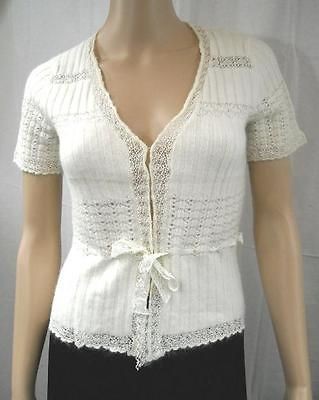 NEW CO & EDDY Angora V Neck Eye N Hook Front Knit Top S Crochet Trim 