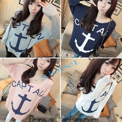 Casual Woven Top Ladies Round Neck Loose Hook Anchor Printing Long 