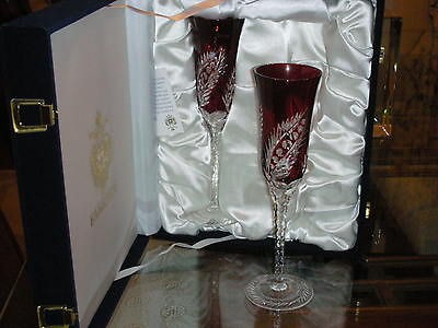 FABERGE RUBY RED CRYSTAL PLUME FLUTES, SET OF 2, NEW