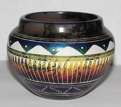 Navajo Etched Pottery Southwest Horse Hair Seed Pot Bowl Native 