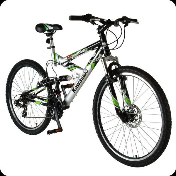 full dual suspension mountain black silver bike kawasaki disc brakes 