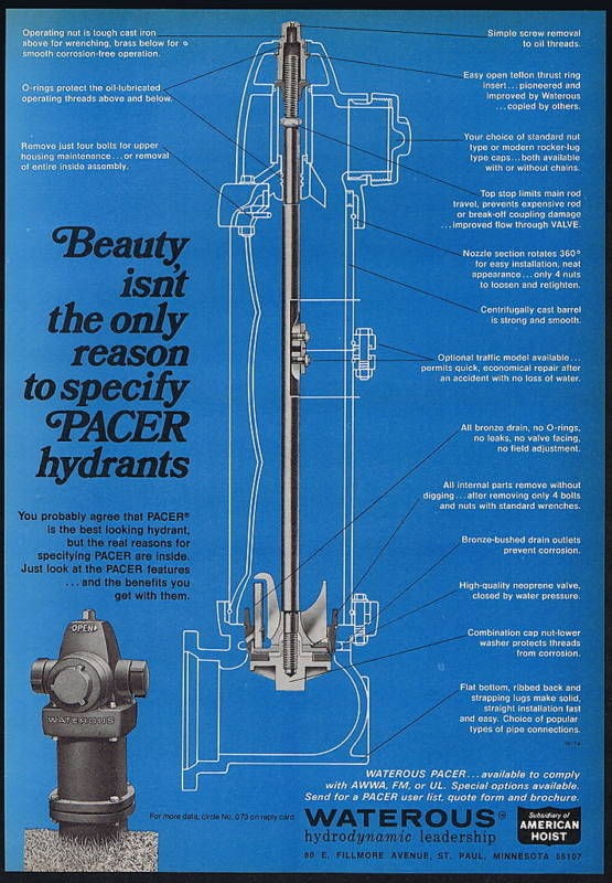 1973 Waterous Pacer Fire Hydrant Vintage Print Ad