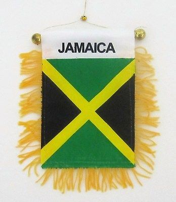   CAR WINDOW MINI BANNER JAMAICA COUNTRY FLAG SOUVENIR with GOLD FRIGES