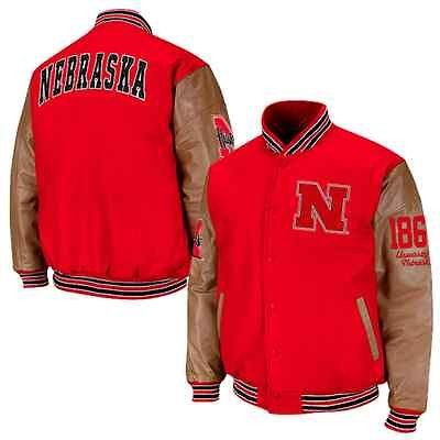 Nebraska Cornhuskers Varsity Letterman Button Up Jacket   Scarlet/Tan