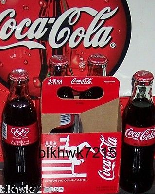   OLYMPICS U. S VERSION 4 PACK W/ CARRIER 8 OZ GLASS COCA COLA BOTTLE