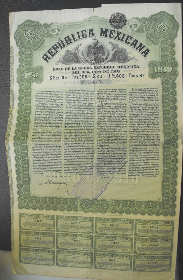 Mexico Republica Mexicana Bond of 195 Pesos 1910 uncancelled with 