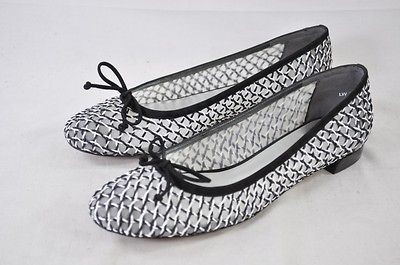 STUART WEITZMAN BASKET BLACK WHITE WIGGLE WOVEN SKIMMER FLAT W/ MESH 