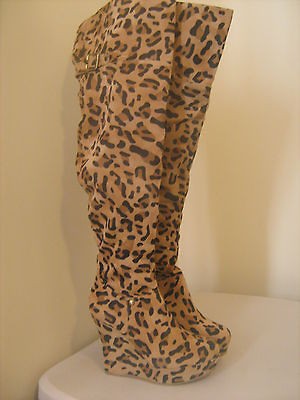 Camel Tan/ Black Leopard Round Toe Wedge Thigh High Boot 7 BNIB