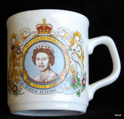 1977 ELIZABETH II SILVER JUBILEE MUG   STAFFORDSHIRE