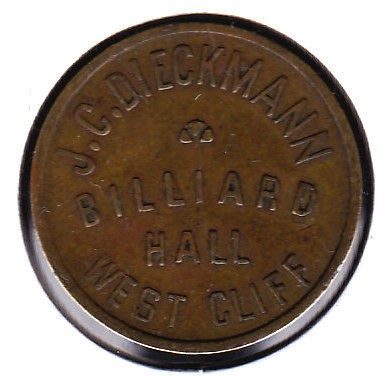 1914 16 J.C.Dieckmann,​Billiard Hall,West Cliff,Colorado 5c Token