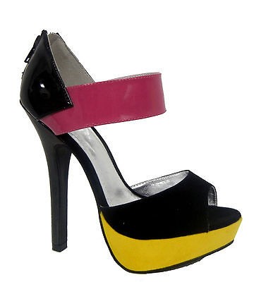 Brand New Seattle Black Yellow Sued Fuschia Patent Platform High Heel 