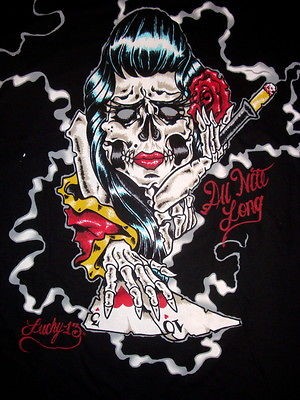 WOMENS LUCKY 13 BRAND T SHIRT ALL NIGHT LONG PSYCHOBILLY PIN UP SKULL 