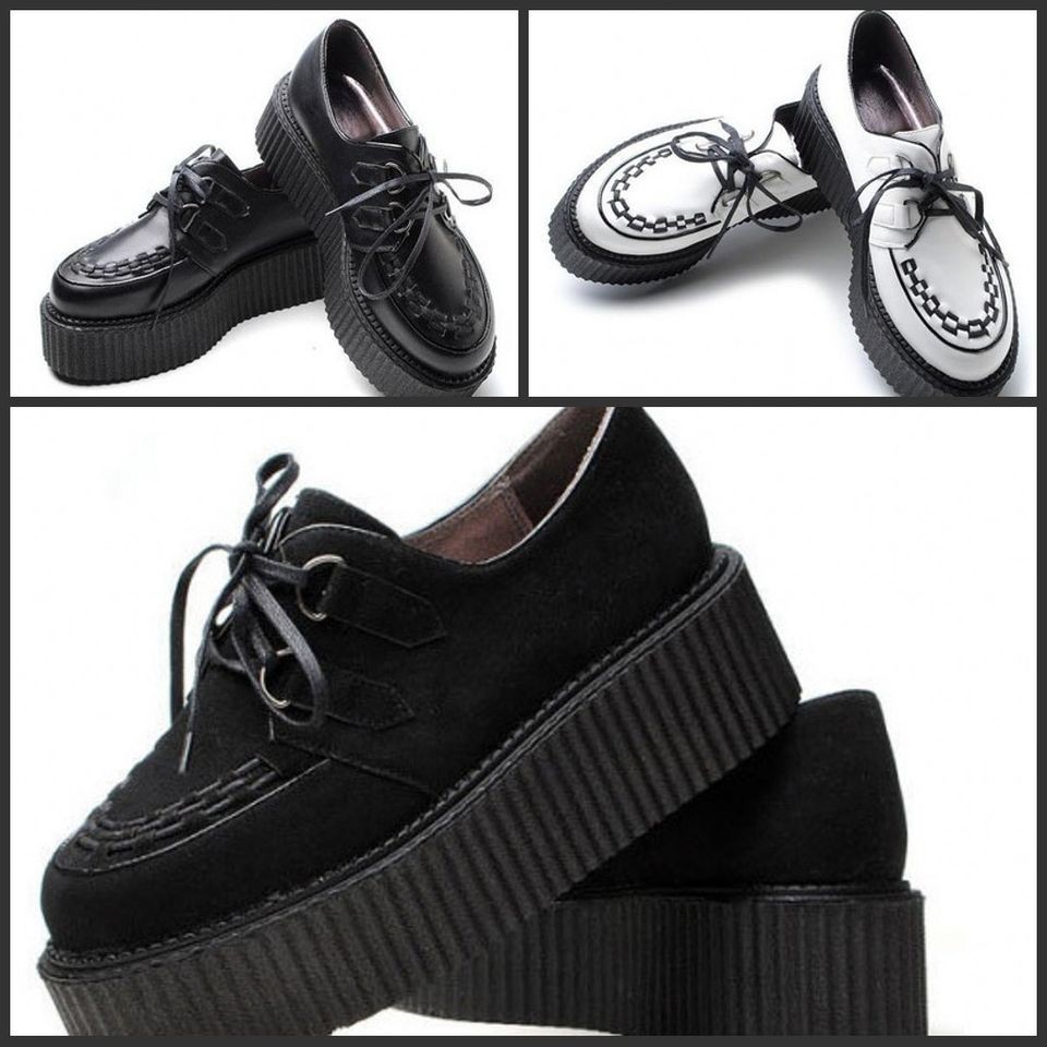 Fashion New Womens Lace Up Punk Goth Platform Faux Suede Flat Creeper 