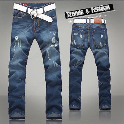 Korea Blue New Mens Slim Fit Frayed Jeans Trousers Straight Size 29 