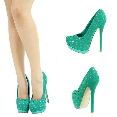 SEA GREEN ALMOND TOE PERFORATED 6 HIGH HEEL PLATFORM STILETTO WOMEN 