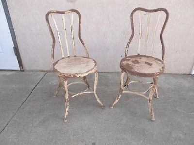 Pair vintage French industrial metal bistro ice cream parlor chairs A