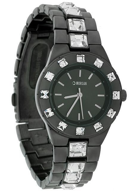 MORGAN LADIES GUNMETAL BLACK PLATED STONES SET BRACELET WATCH   RRP 