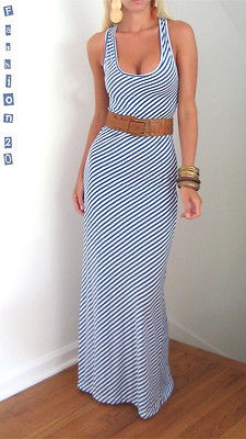 BLUE WHITE SEXY CROSS BACK NAUTICAL BEACH SUN LONG FLOOR STRETCH MAXI 