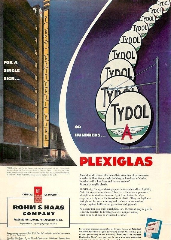 1953 Rohm & Haas Plexiglas Sign Tydol Oil Vintage Ad