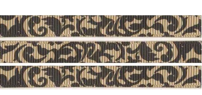 yards 3/8 TINY TAN AND BLACK DAMASK Print Grosgrain Ribbon