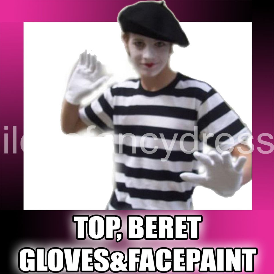 FRENCH MIME ARTIST XS COSTUME BERET T SHIRT GLOVES FACEPAINT FANCY 