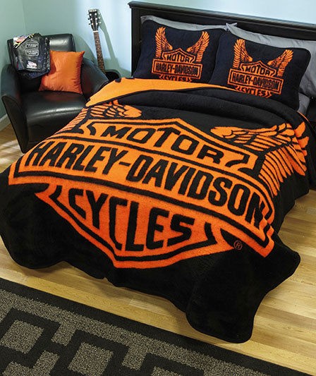 TWIN FULL QUEEN HARLEY DAVIDSON BLANKET THROW SHAM BOY MOTORCYCLE 