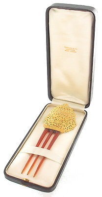 ANTIQUE TIFFANY & CO 22 24K GOLD HAIR ORNAMENT COMB ORIGINAL BOX 